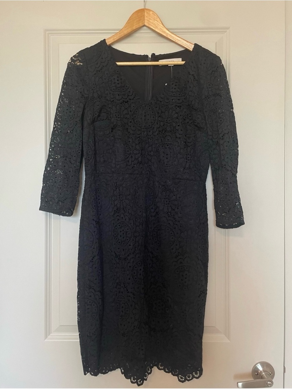LOFT Black Lace Midi Dress with Three-Quarter Sleeves